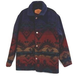 Vintage Woolrich Medium Wool Blanket Coat Jacket Aztec Southwestern Print Navy